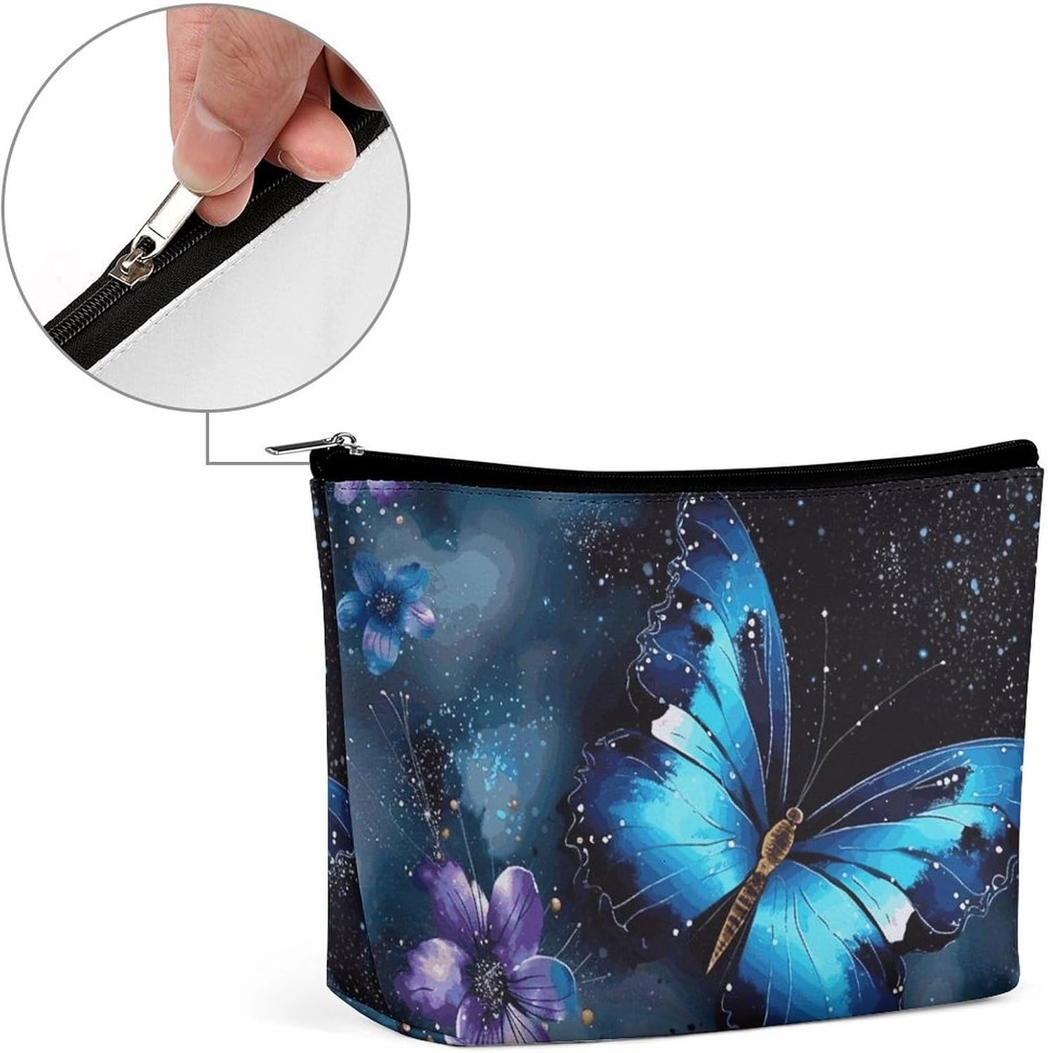 Portable Small Cosmetic Bag Cute Travel Makeup Bag Galaxy Blue Butterfly Waterproof Toiletry Bag for Women