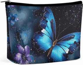 Portable Small Cosmetic Bag Cute Travel Makeup Bag Galaxy Blue Butterfly Waterproof Toiletry Bag for Women