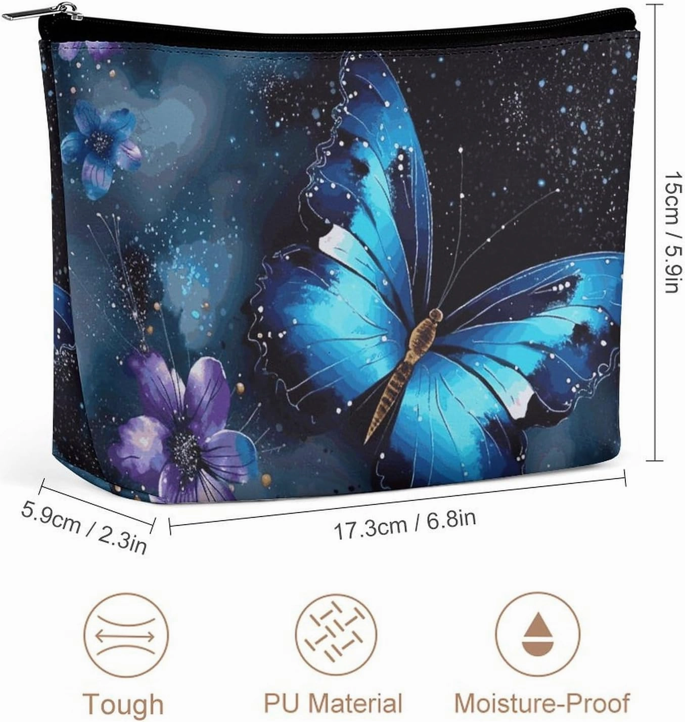 Portable Small Cosmetic Bag Cute Travel Makeup Bag Galaxy Blue Butterfly Waterproof Toiletry Bag for Women
