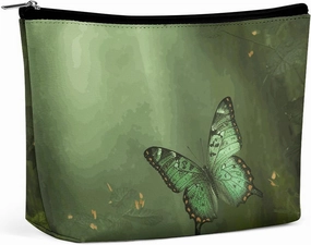 Portable Small Cosmetic Bag Cute Travel Makeup Bag Green Forest Butterfly Waterproof Toiletry Bag for Women