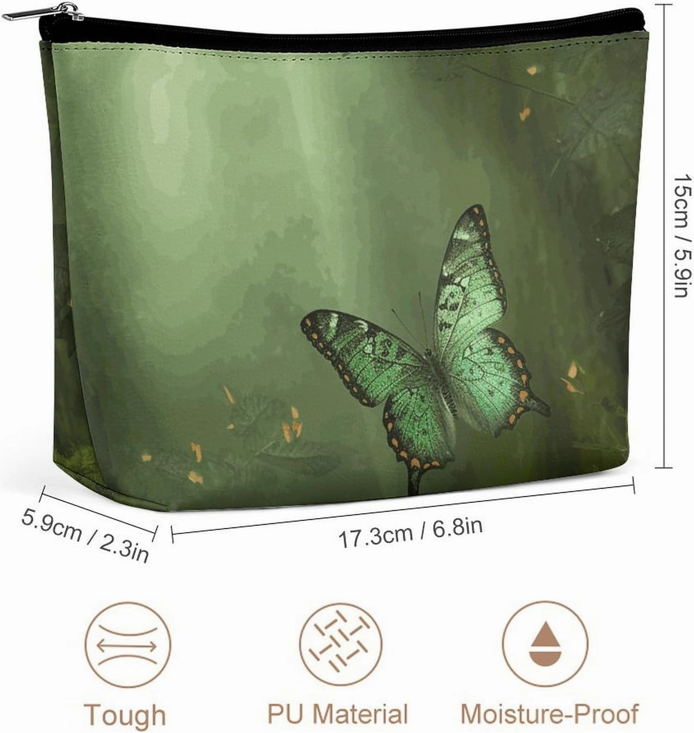 Portable Small Cosmetic Bag Cute Travel Makeup Bag Green Forest Butterfly Waterproof Toiletry Bag for Women