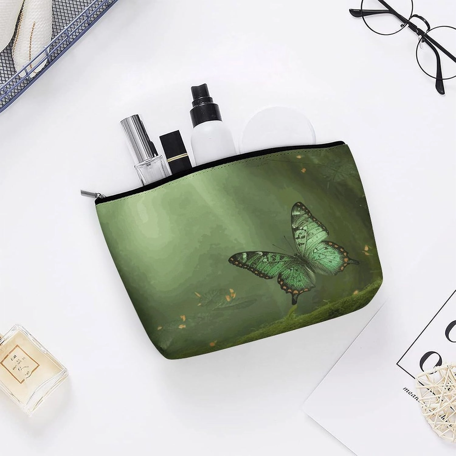 Portable Small Cosmetic Bag Cute Travel Makeup Bag Green Forest Butterfly Waterproof Toiletry Bag for Women
