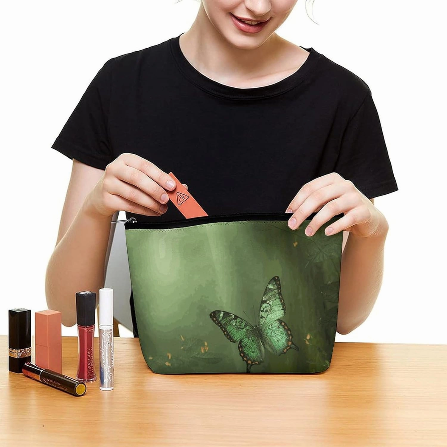 Portable Small Cosmetic Bag Cute Travel Makeup Bag Green Forest Butterfly Waterproof Toiletry Bag for Women