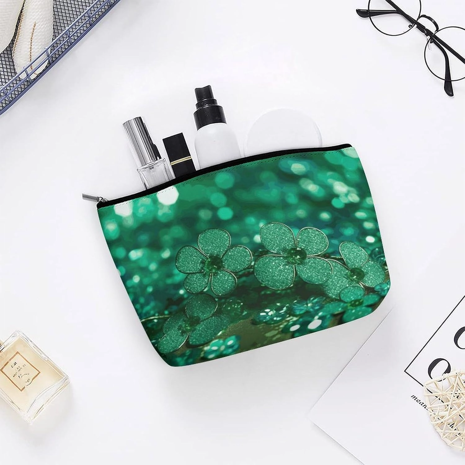 Portable Small Cosmetic Bag Cute Travel Makeup Bag Green Sparkly Spring Waterproof Toiletry Bag for Women