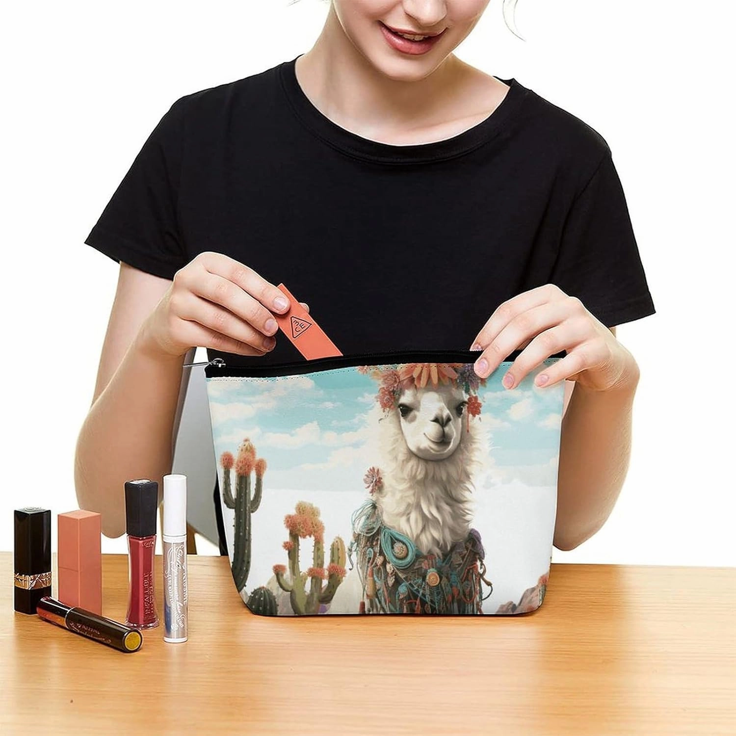Portable Small Cosmetic Bag Cute Travel Makeup Bag Mexican Llama Green Waterproof Toiletry Bag for Women