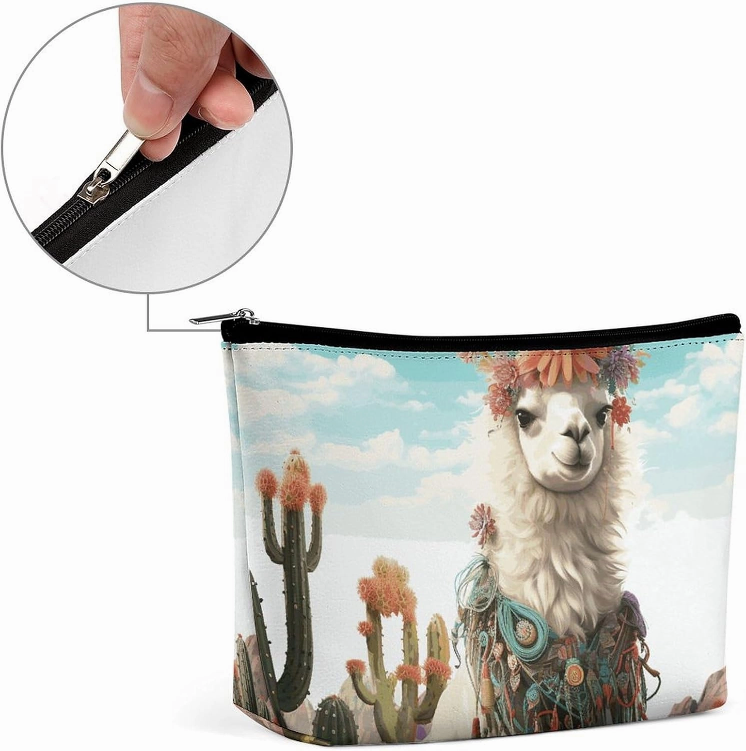 Portable Small Cosmetic Bag Cute Travel Makeup Bag Mexican Llama Green Waterproof Toiletry Bag for Women