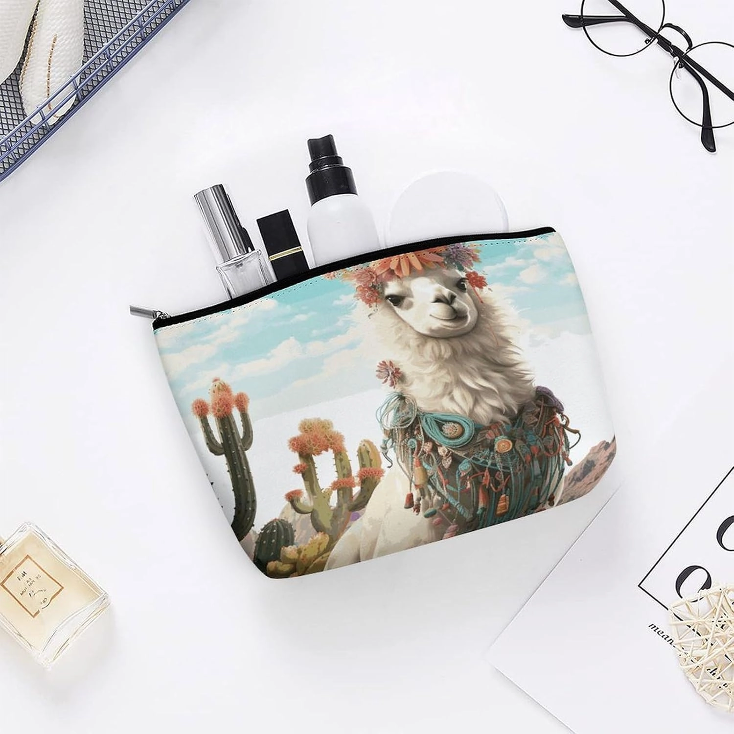 Portable Small Cosmetic Bag Cute Travel Makeup Bag Mexican Llama Green Waterproof Toiletry Bag for Women