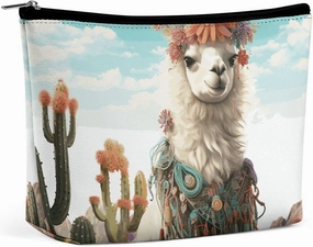 Portable Small Cosmetic Bag Cute Travel Makeup Bag Mexican Llama Green Waterproof Toiletry Bag for Women
