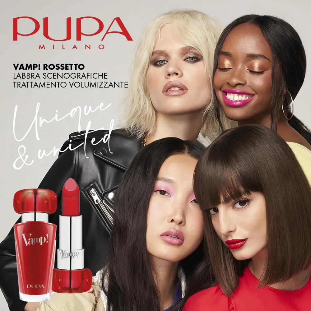 Pupa Milano Vamp! Extreme Colour Lipstick With Plumping Treatment - For Fuller, Defined Lips - Adds Incredible, Deep Color To Lips - Soft Texture Adheres Perfectly - 301 Intense Red - 0.123 Oz