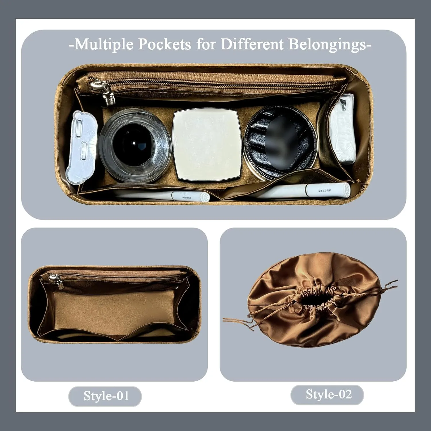 Purse Organizer Insert, Silk Satin Inside Bag Insert for Loewe Hammock Bucket Bag Mini Drawstring Liner Bag Organizer Insert Handbag Organizer (Style-01, New-S)