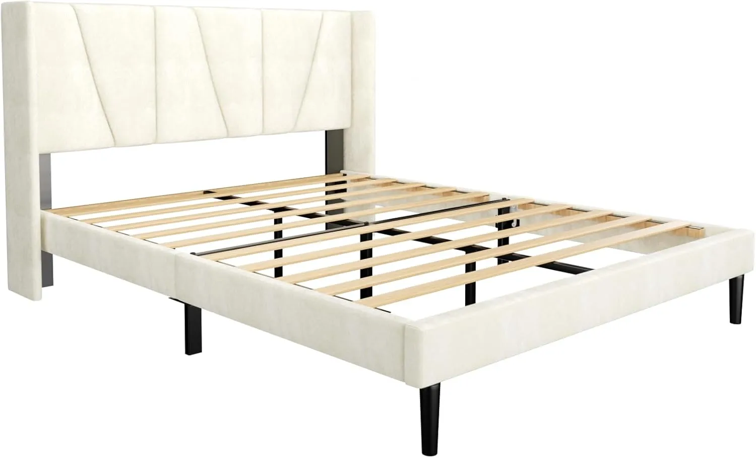 Queen Bed Frame with Headboard and Wingback, Velvet Upholstered Platform Bed, Mattress Foundation with Wooden Slat Support, No Box Spring Needed, Easy Assembly, Noise Free, Beige