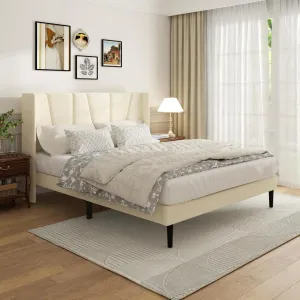 Queen Bed Frame with Headboard and Wingback, Velvet Upholstered Platform Bed, Mattress Foundation with Wooden Slat Support, No Box Spring Needed, Easy Assembly, Noise Free, Beige