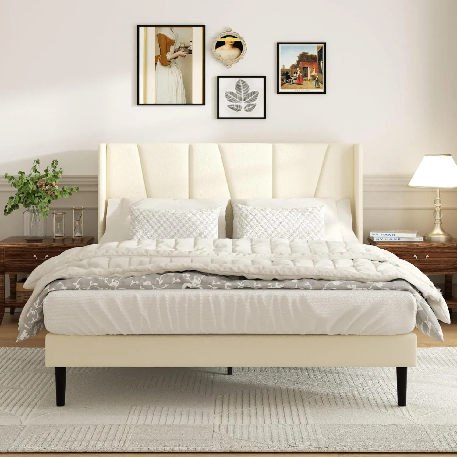 Queen Bed Frame with Headboard and Wingback, Velvet Upholstered Platform Bed, Mattress Foundation with Wooden Slat Support, No Box Spring Needed, Easy Assembly, Noise Free, Beige