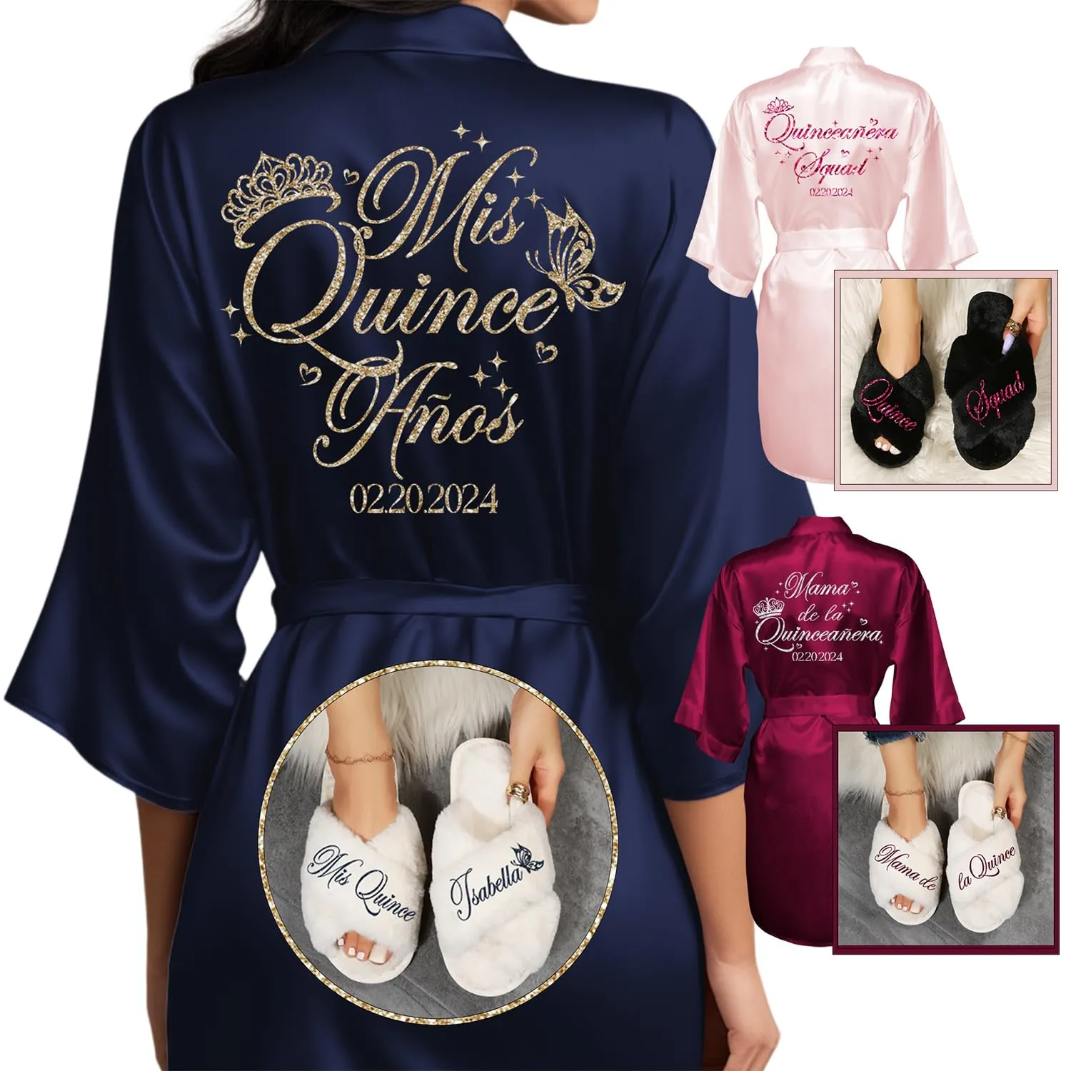 Quinceanera Robes and Slippers Set for Mis XV Anos and the Entire Quince Squad, Robes for Mama de la Quince, Abuela, Hermana and More, A Great Bundled Quinceanera Gift, Sage S/M