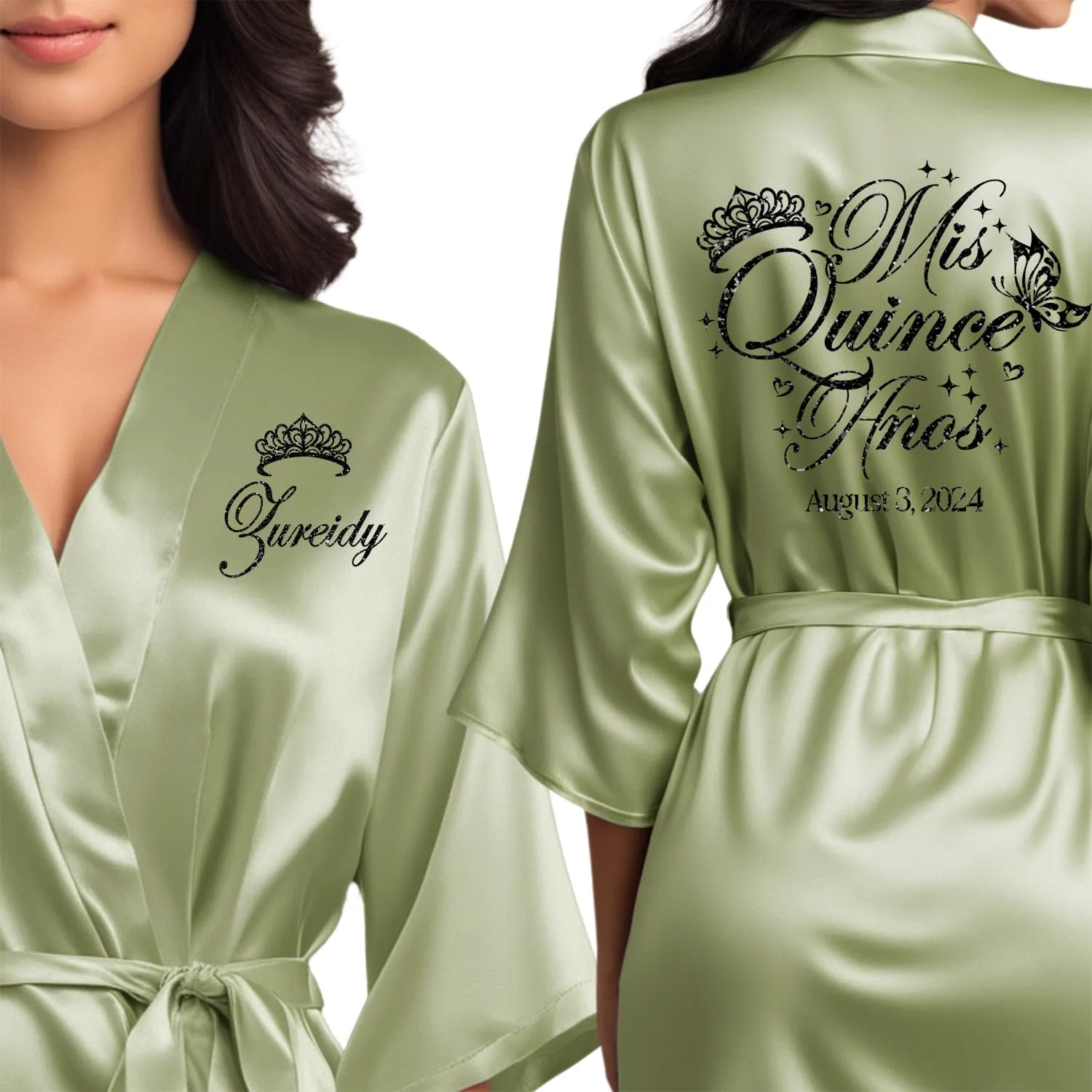 Quinceanera Robes and Slippers Set for Mis XV Anos and the Entire Quince Squad, Robes for Mama de la Quince, Abuela, Hermana and More, A Great Bundled Quinceanera Gift, Sage S/M