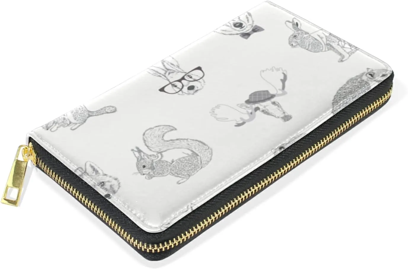 Rabbit, Hare, Squirrel, Deer, Elk, Squirrel, Hedgehog, Fox, Bear Leather Long Wallet Organizer with Zipper Purse Clutch Bag for Women Men Key Card Coin Passport Checkbook