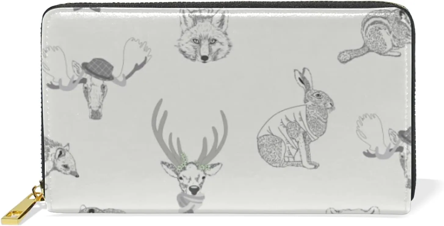 Rabbit, Hare, Squirrel, Deer, Elk, Squirrel, Hedgehog, Fox, Bear Leather Long Wallet Organizer with Zipper Purse Clutch Bag for Women Men Key Card Coin Passport Checkbook