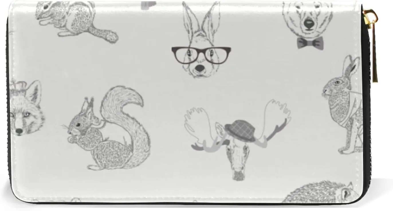 Rabbit, Hare, Squirrel, Deer, Elk, Squirrel, Hedgehog, Fox, Bear Leather Long Wallet Organizer with Zipper Purse Clutch Bag for Women Men Key Card Coin Passport Checkbook