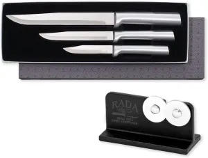 Rada Cutlery 3- Piece Housewarming Knife Gift Set with Quick Edge Sharpener, Silver Handles