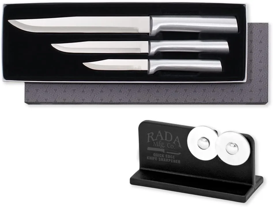 Rada Cutlery 3- Piece Housewarming Knife Gift Set with Quick Edge Sharpener, Silver Handles