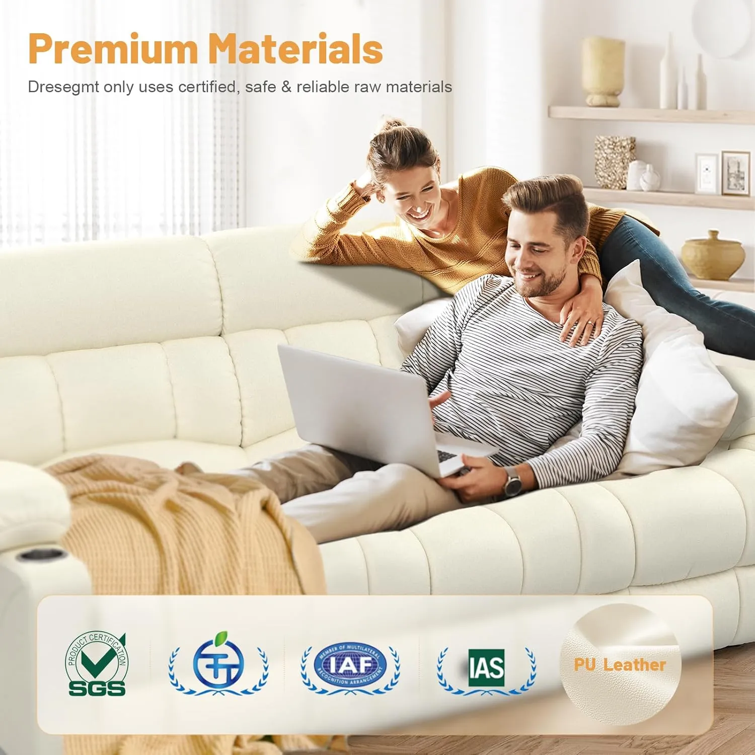 Recliner Sofa Set, Flip Middle Backrest Design PU Leather 3 Seater Reclining Sofa and 2PC Single Recliner Chair, Manual Couches for Living Room (Ivory, PU 3 1 1)