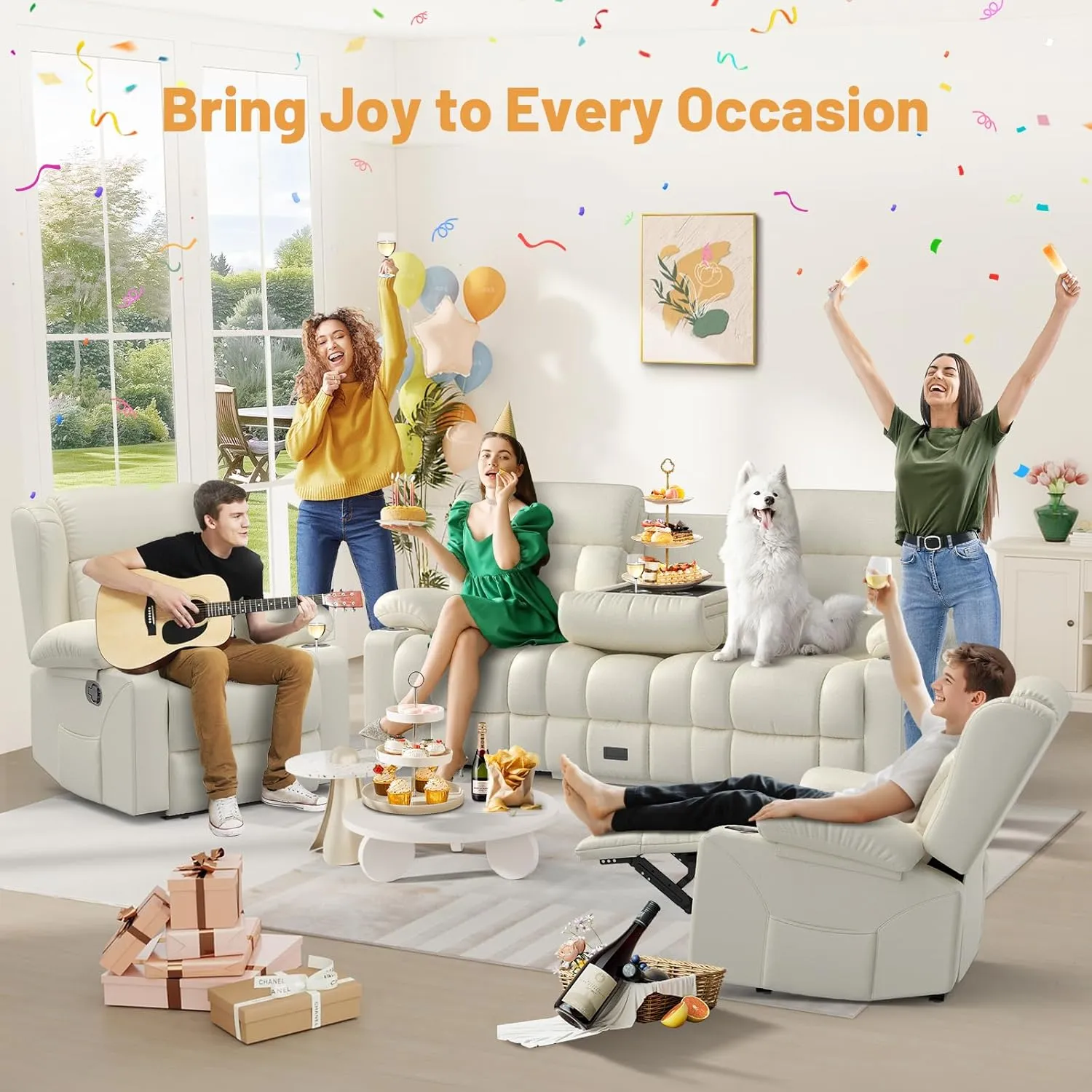 Recliner Sofa Set, Flip Middle Backrest Design PU Leather 3 Seater Reclining Sofa and 2PC Single Recliner Chair, Manual Couches for Living Room (Ivory, PU 3 1 1)