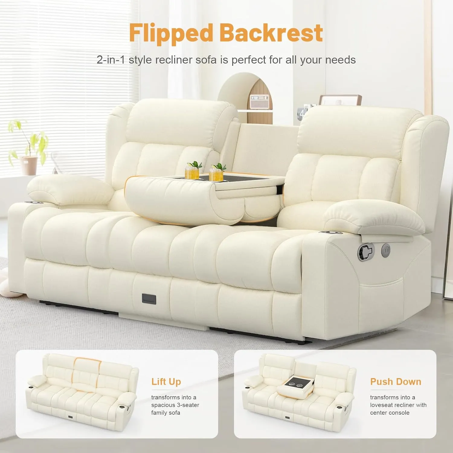 Recliner Sofa Set, Flip Middle Backrest Design PU Leather 3 Seater Reclining Sofa and 2PC Single Recliner Chair, Manual Couches for Living Room (Ivory, PU 3 1 1)