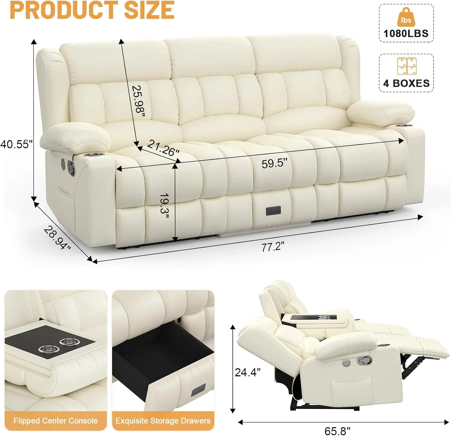 Recliner Sofa Set, Flip Middle Backrest Design PU Leather 3 Seater Reclining Sofa and 2PC Single Recliner Chair, Manual Couches for Living Room (Ivory, PU 3 1 1)