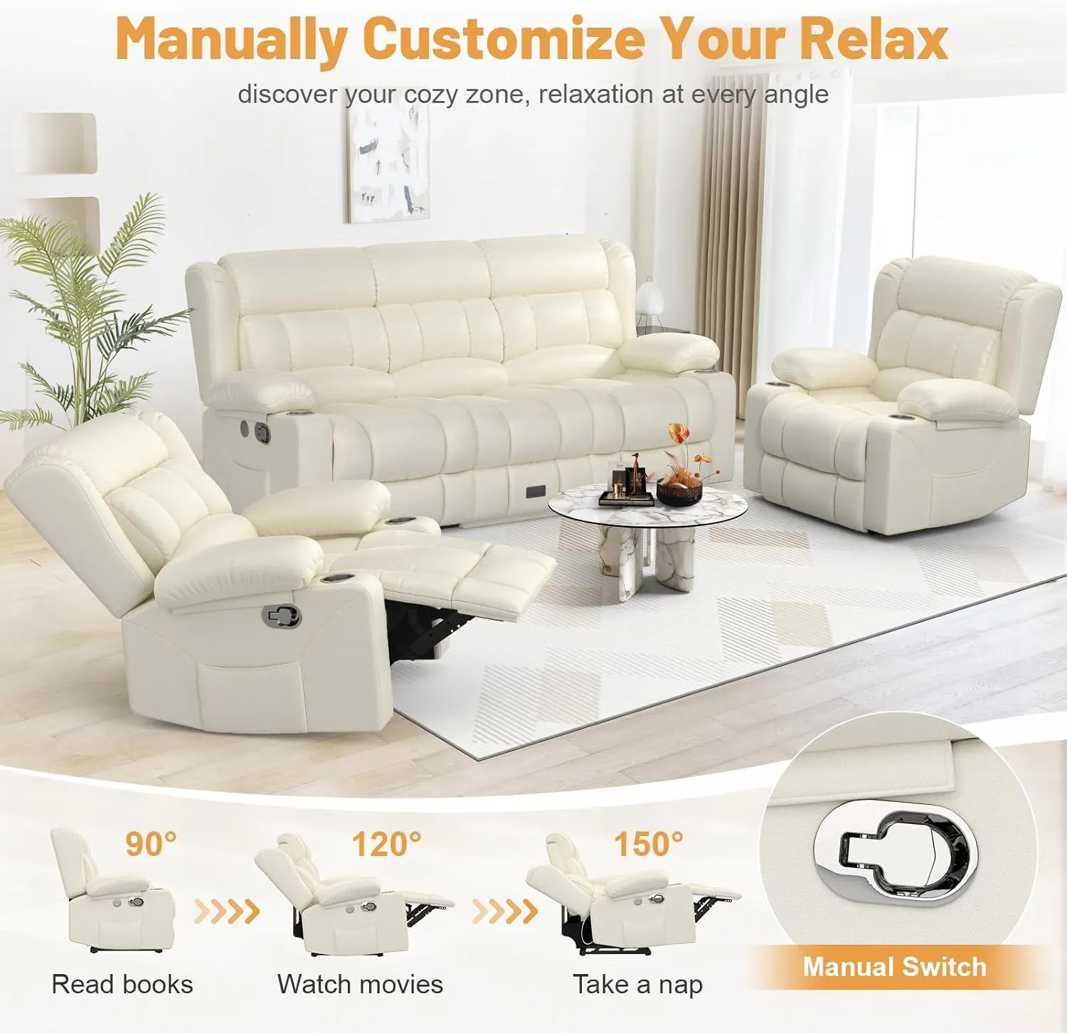 Recliner Sofa Set, Flip Middle Backrest Design PU Leather 3 Seater Reclining Sofa and 2PC Single Recliner Chair, Manual Couches for Living Room (Ivory, PU 3 1 1)