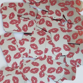 Rectangle Sequin 1.5" Red Lips Kiss Lipstick Print Silver Metallic Paillettes