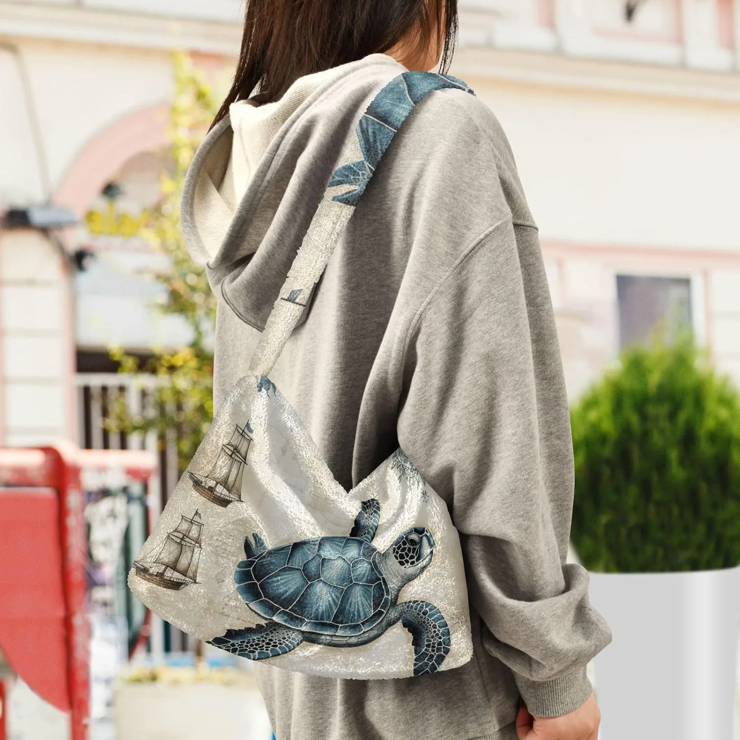 Red Beige Tricolor Premium Gray Watercolor Plush Bag, Women Handbag, Shoulder Handbag Women