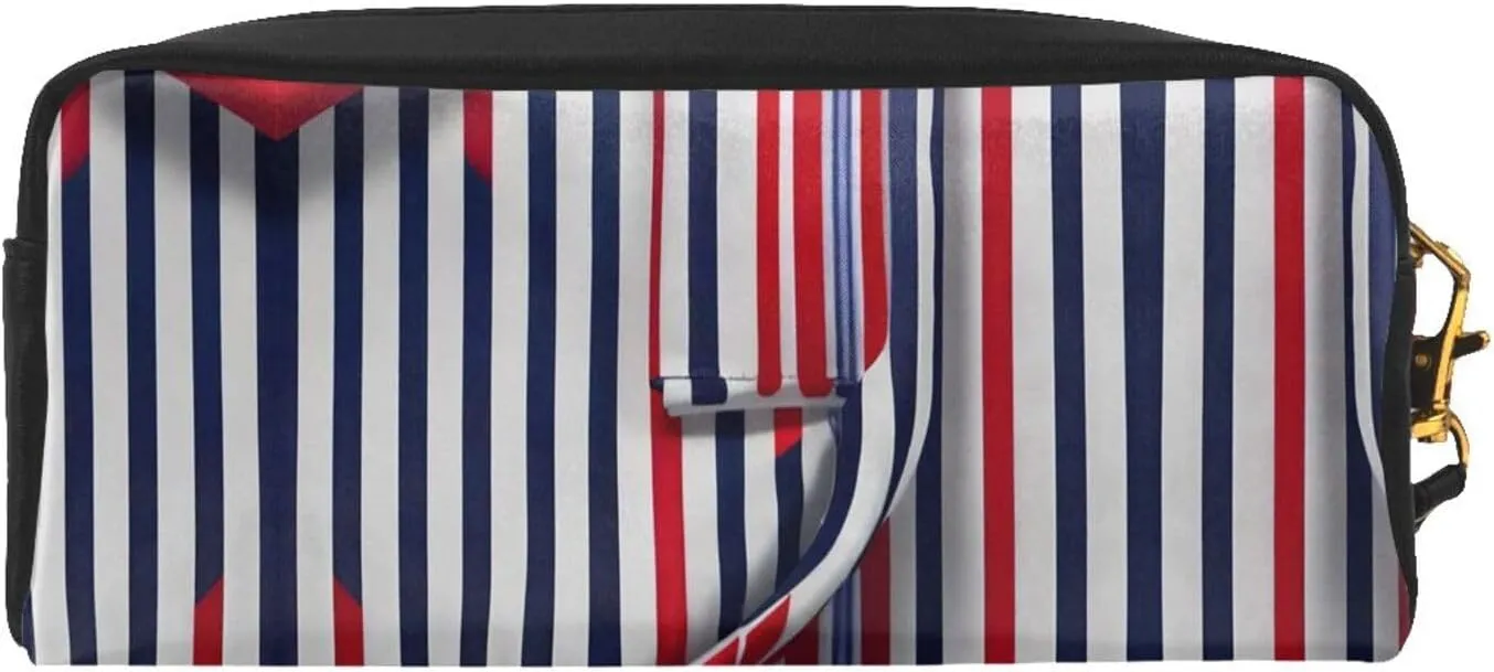 Red Blue White Gray Stripes Print Portable Makeup Bag,Travel-Friendly Design,Versatile Mini Makeup Pouchtion