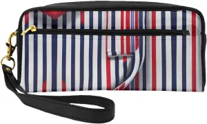 Red Blue White Gray Stripes Print Portable Makeup Bag,Travel-Friendly Design,Versatile Mini Makeup Pouchtion