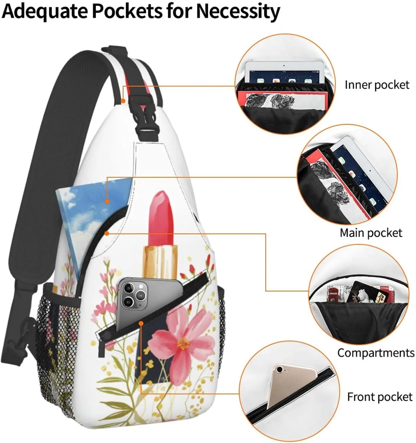 Red Lipstick Flowers Sling Bag For Men Crossbody Backpack,Women Shoulder Bag For Travel Sport