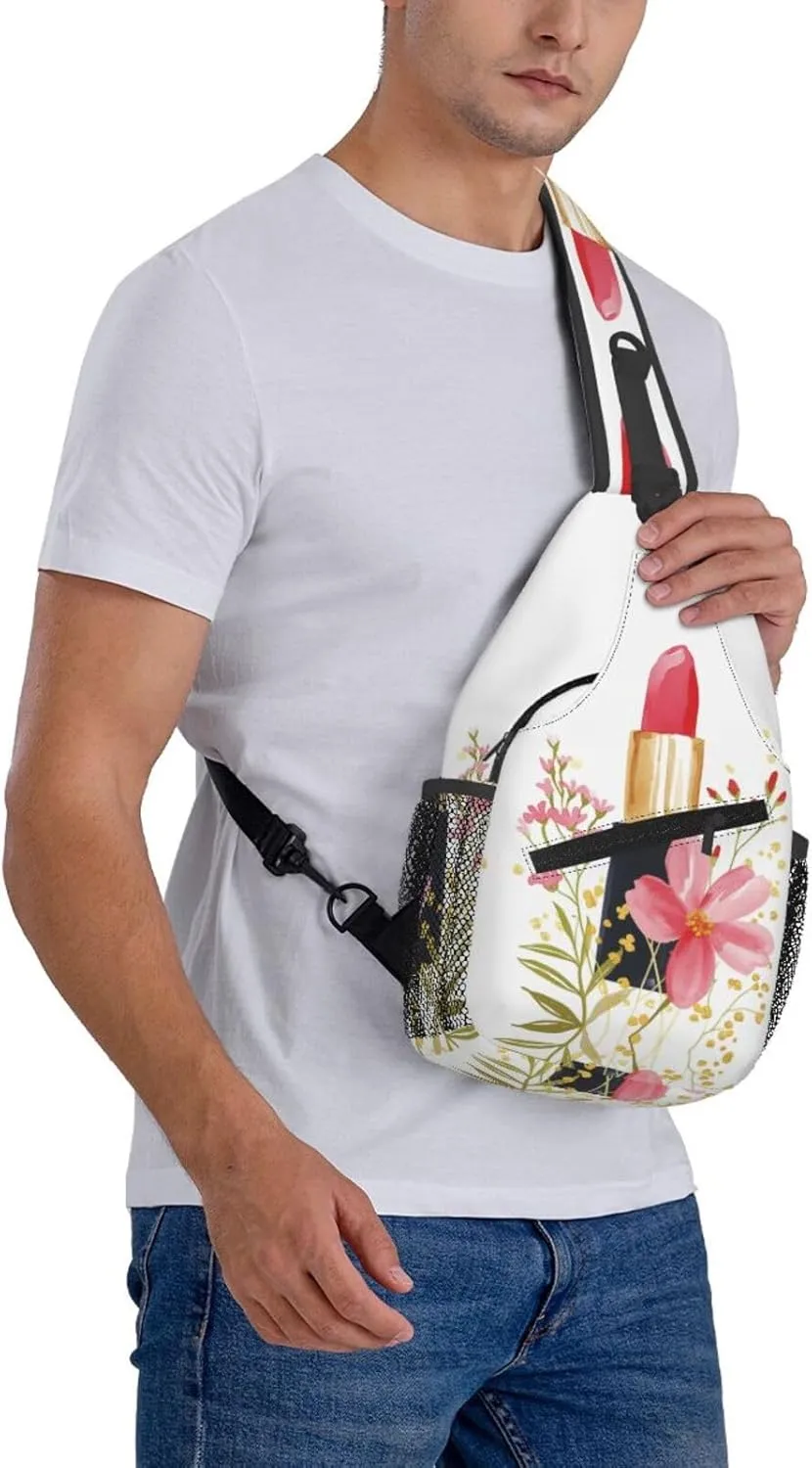 Red Lipstick Flowers Sling Bag For Men Crossbody Backpack,Women Shoulder Bag For Travel Sport