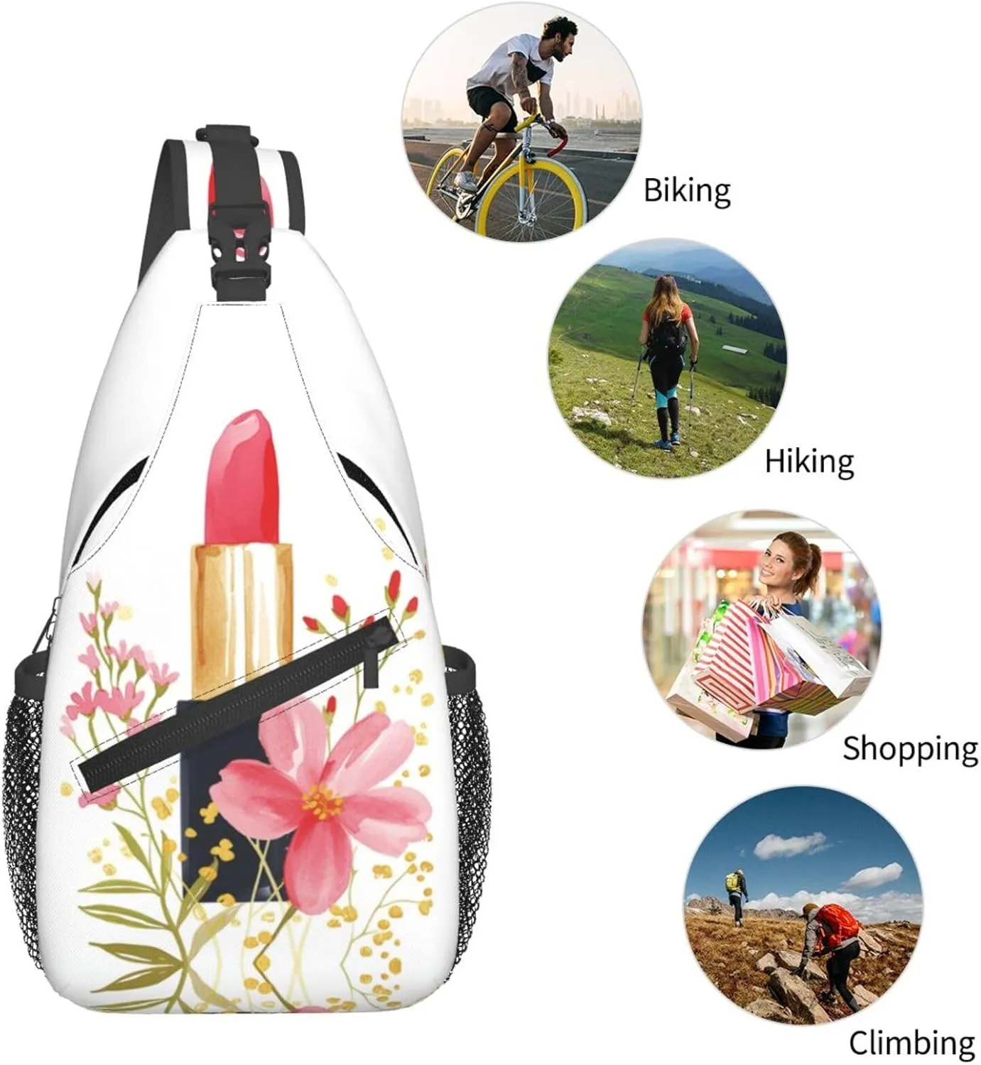 Red Lipstick Flowers Sling Bag For Men Crossbody Backpack,Women Shoulder Bag For Travel Sport