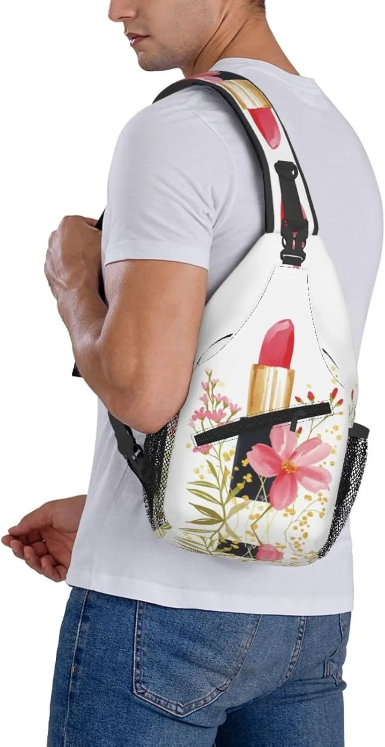 Red Lipstick Flowers Sling Bag For Men Crossbody Backpack,Women Shoulder Bag For Travel Sport