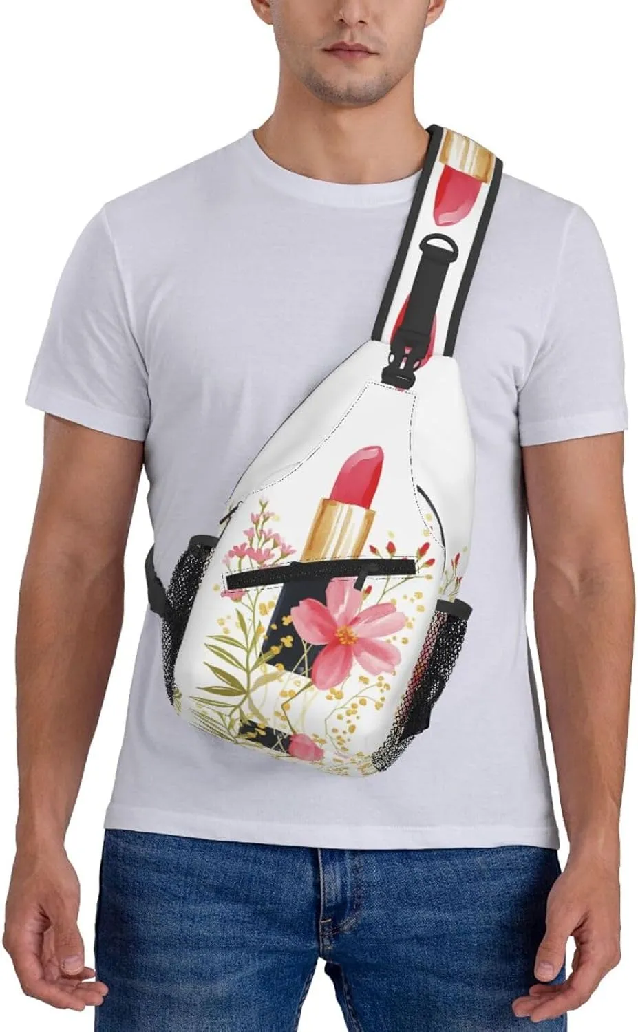 Red Lipstick Flowers Sling Bag For Men Crossbody Backpack,Women Shoulder Bag For Travel Sport