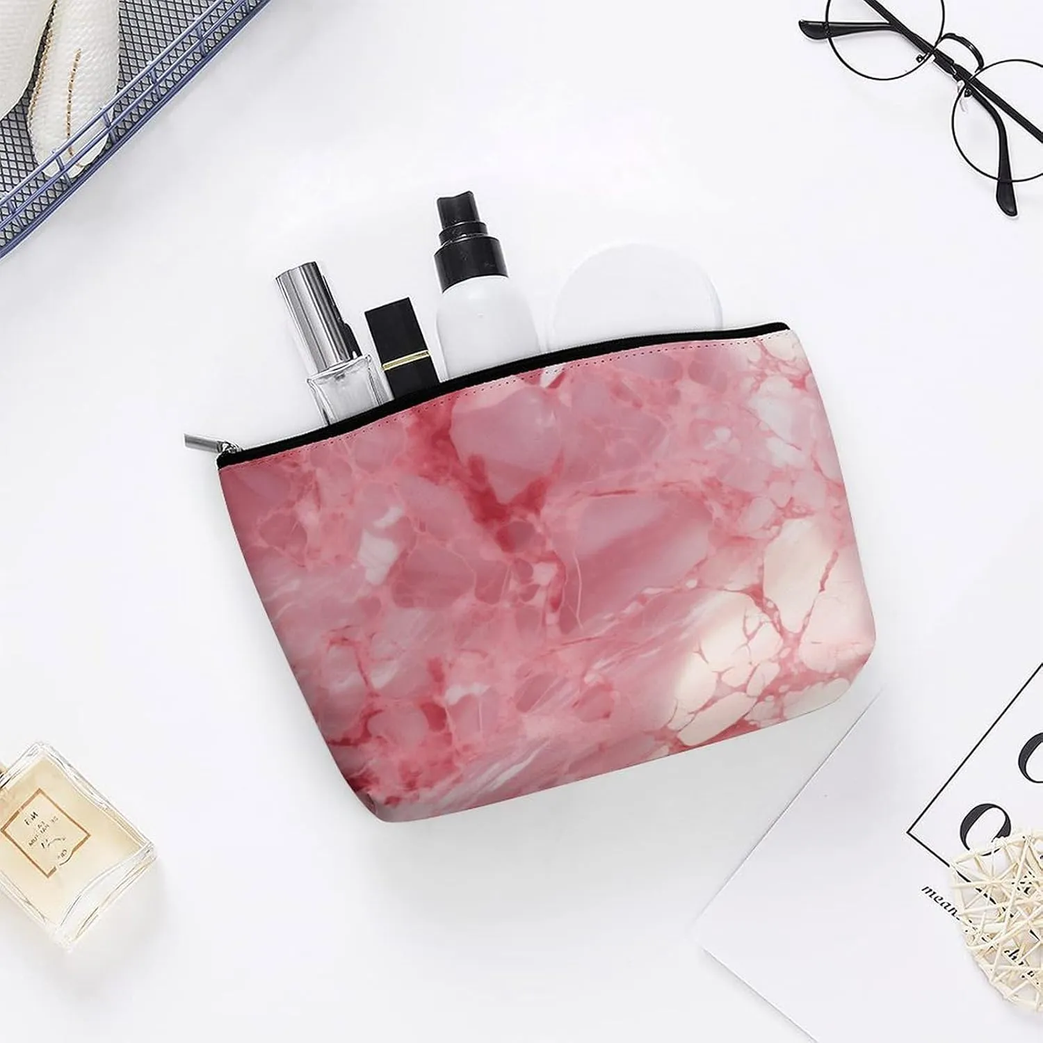 Red Makeup Bag for Women Wide-Open Cosmetic Bag Travel Cosmetic Tote Bag Amber Texture Pattern Toiletry Bag for Toiletry Bag Toiletries Accessories