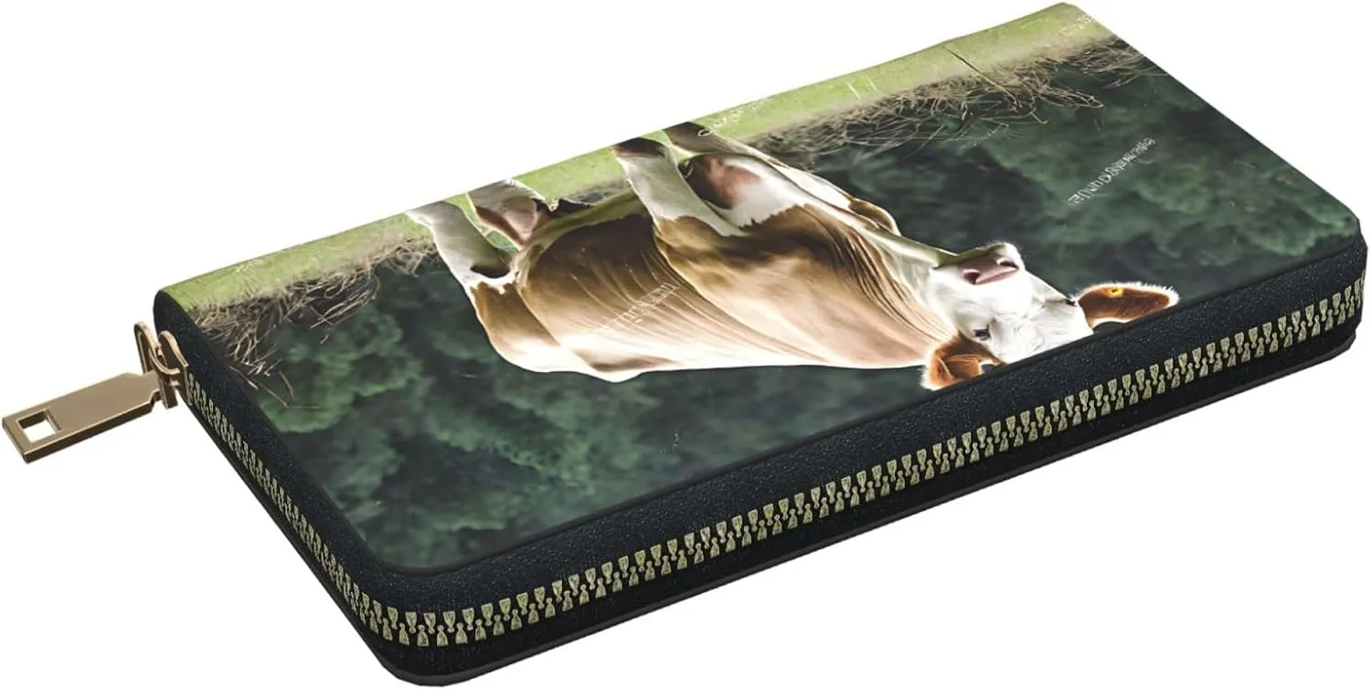 (Red Rose) Pu Leather Purse Multi Compartment Card Wallet Stylish Wallet with Zipper for Cards, Coin, Bill, Real Swiss Cow Brown, One Size