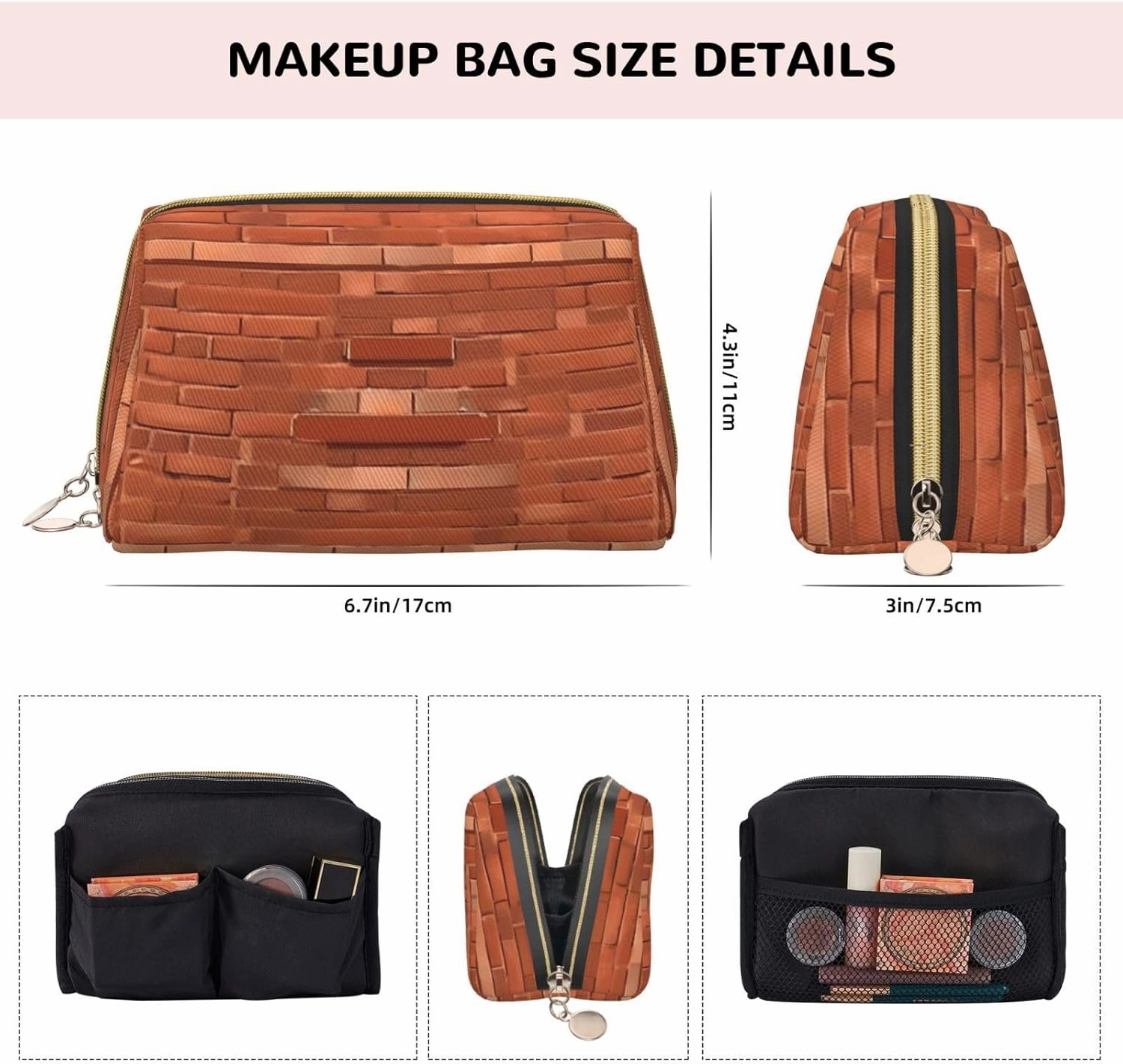 Red Brick Wall Texture Toiletry Pouch, Travel-Friendly Makeup Organizer For Makeup Brushes, Lipsticks