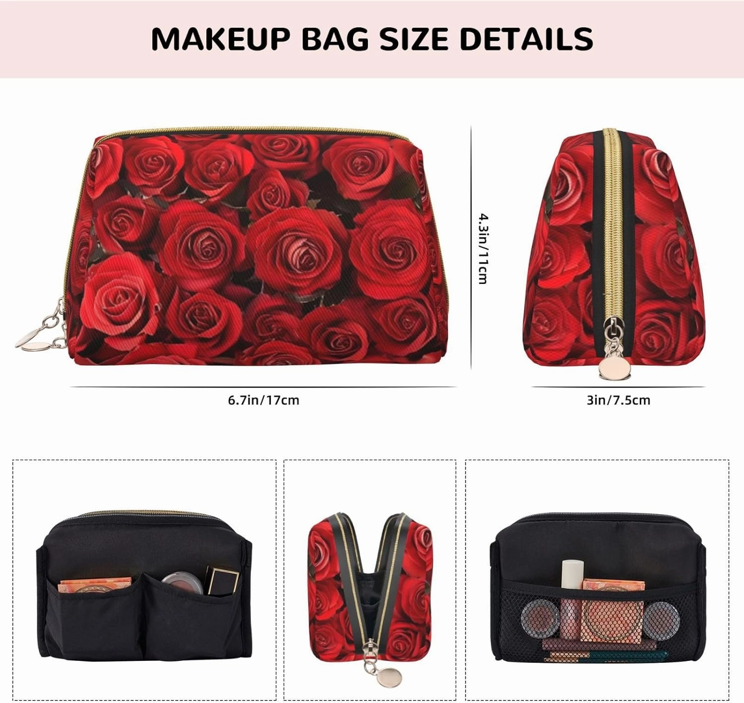 Red Rose Toiletry Pouch, Travel-Friendly Makeup Organizer For Makeup Brushes, Lipsticks