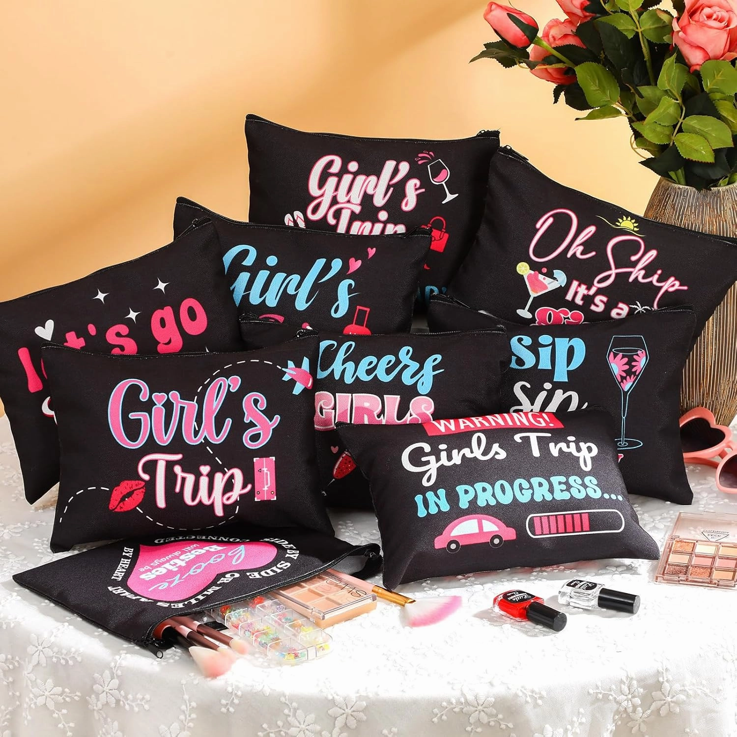 Reginary 9 Pcs Neon Girls Trip Gifts Favors Girls Trip Makeup Bags Toiletry Cosmetic Bag Bestie Friendship Gifts for Women Christmas Wedding Bachelorette Mother's Day Party Favors