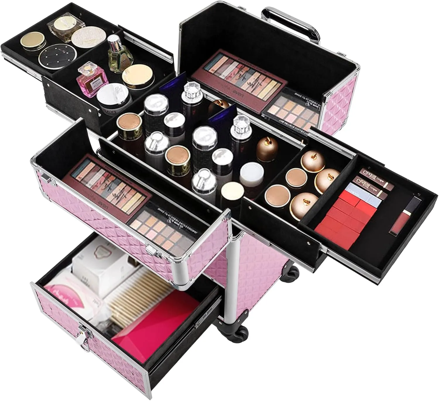 Rolling Makeup Train Case,Professional Makeup Trolley with Drawer,Rolling Nail Case Wheeled Manicure Storage Case for Hair Stylists,Pet Groomers,Makeup Artists (Pink)