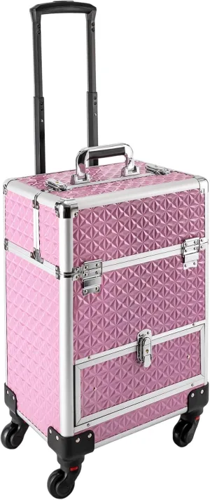 Rolling Makeup Train Case,Professional Makeup Trolley with Drawer,Rolling Nail Case Wheeled Manicure Storage Case for Hair Stylists,Pet Groomers,Makeup Artists (Pink)