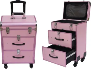 Rolling Makeup Trolley Case with 4 Universal Wheels, Large Cosmetic Trolley with Locks, Make up Bag with dividers, Cosmetics Storage Organizer for On The Go Makeup / Nail Art / Hair Styling (Pink)