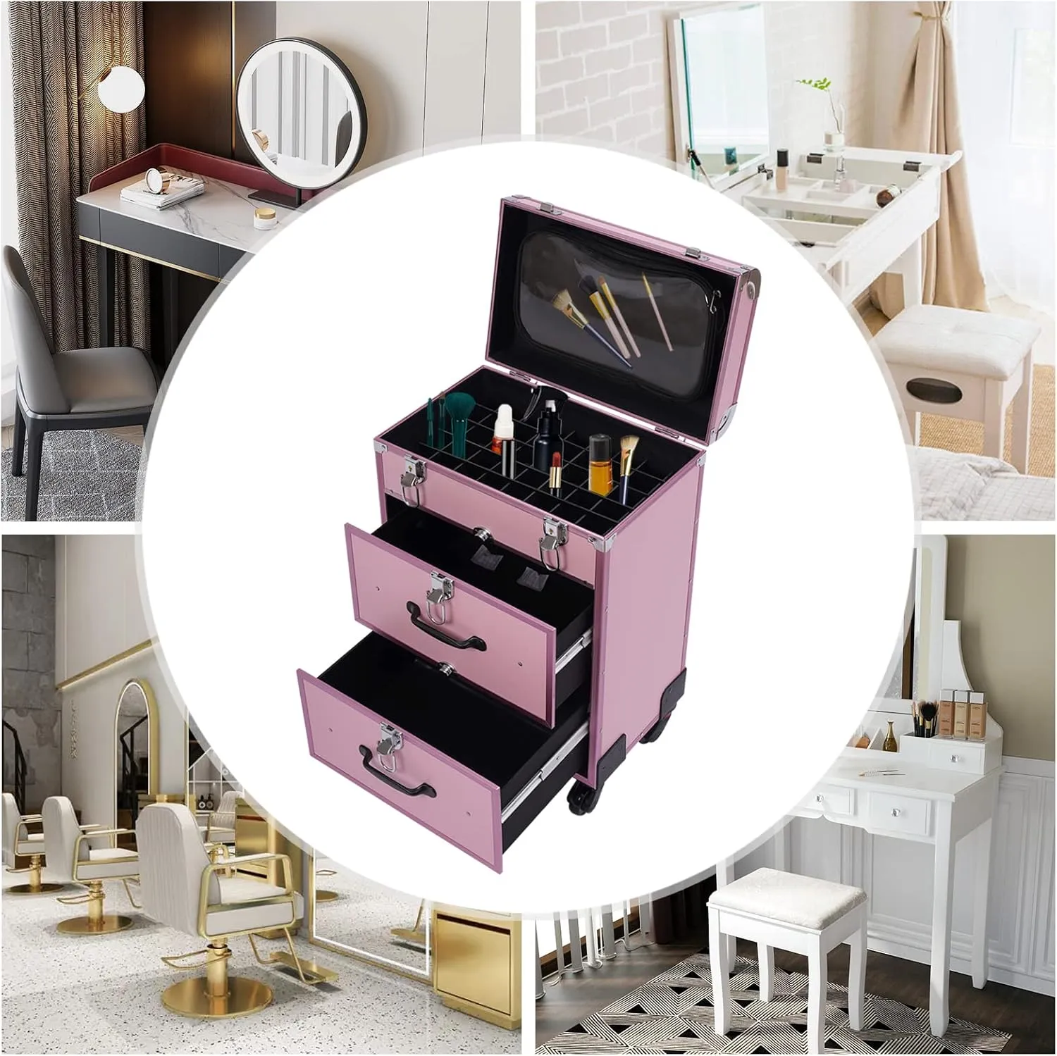 Rolling Makeup Trolley Case with 4 Universal Wheels, Large Cosmetic Trolley with Locks, Make up Bag with dividers, Cosmetics Storage Organizer for On The Go Makeup / Nail Art / Hair Styling (Pink)