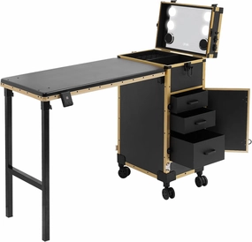 Rolling Travel Makeup Case, Portable Manicure Table with 3 Drawers and Foldable Table Top Professional Makeup Trolley Case with Mirror Multi-Functional Cosmetic Travel Cases on Wheels (Black Gold)