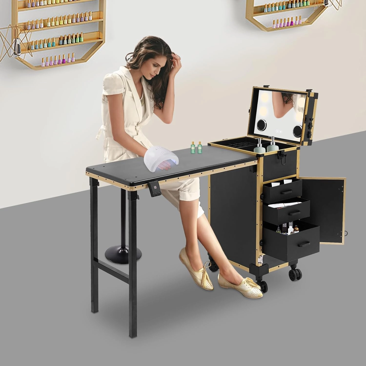 Rolling Travel Makeup Case, Portable Manicure Table with 3 Drawers and Foldable Table Top Professional Makeup Trolley Case with Mirror Multi-Functional Cosmetic Travel Cases on Wheels (Black Gold)