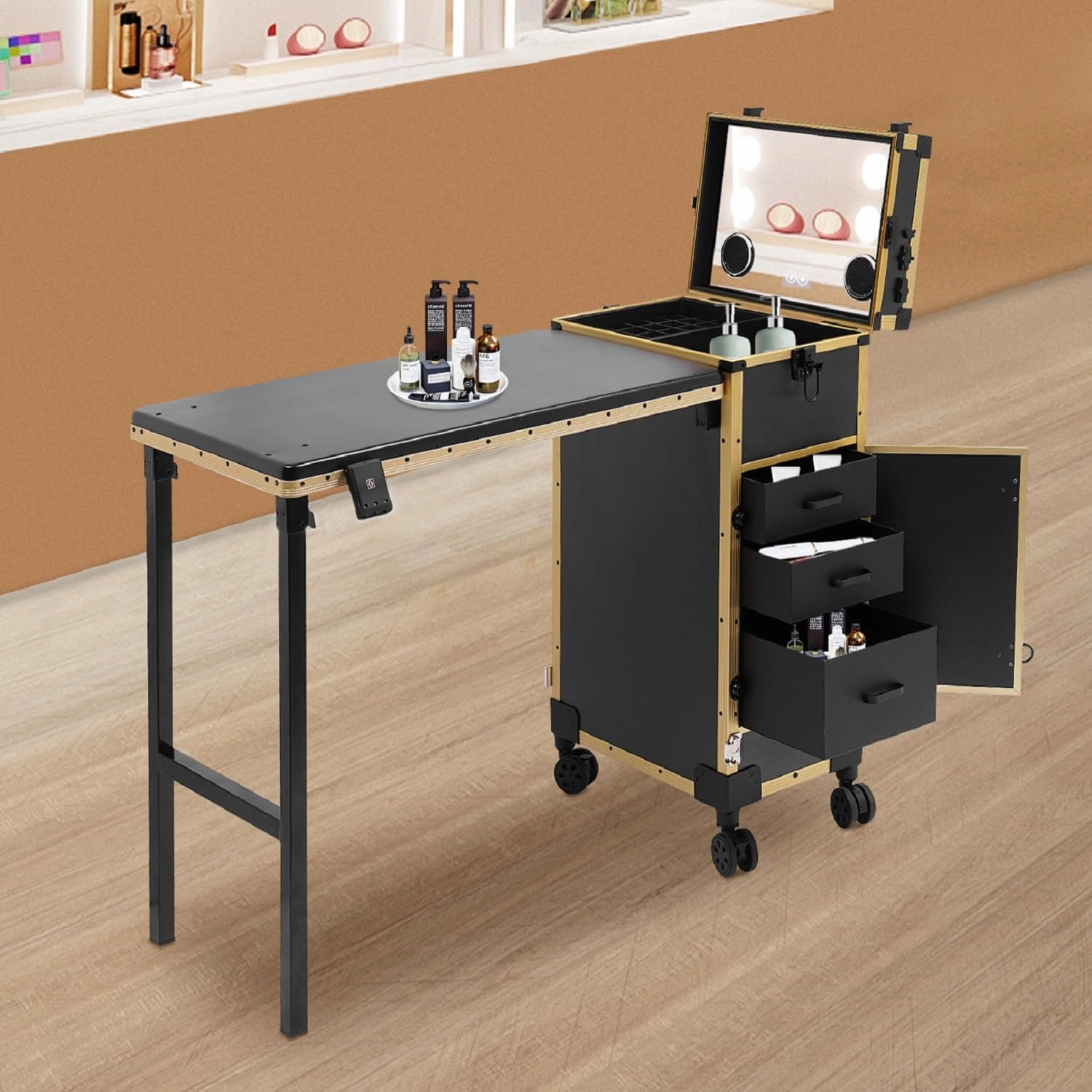 Rolling Travel Makeup Case, Portable Manicure Table with 3 Drawers and Foldable Table Top Professional Makeup Trolley Case with Mirror Multi-Functional Cosmetic Travel Cases on Wheels (Black Gold)